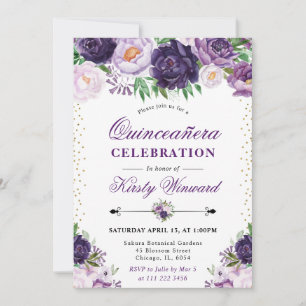 Aquarell Lila und Cremefarbene Blumen Quinceanera Einladung