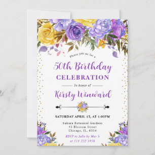 Aquarell lila und gelbe Blumen 50. Geburtstag Einladung