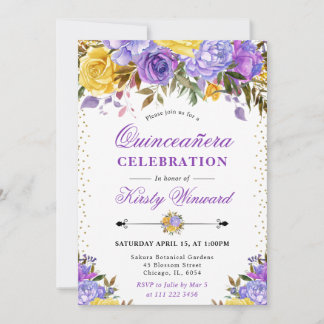 Aquarell Lila und Gelbe Blumen Quinceanera Einladung