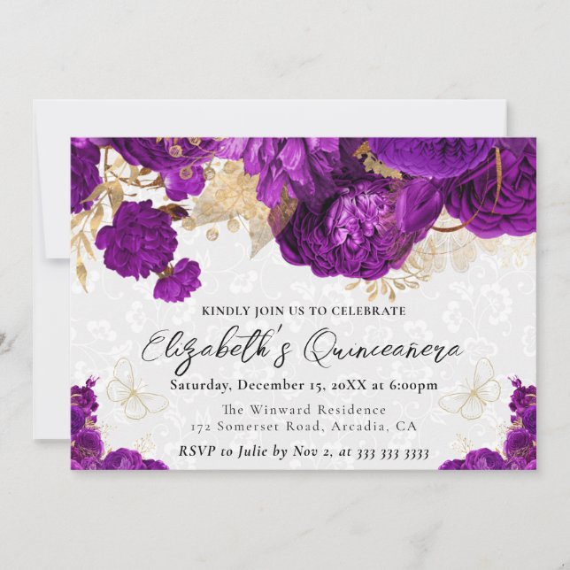 Aquarell Lila und Gold Blume Quinceanera Einladung (Vorderseite)