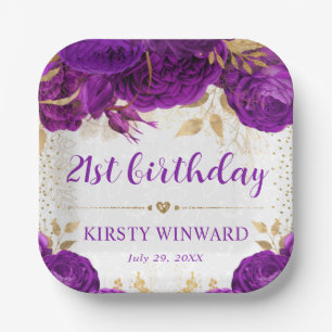 Aquarell Lila und Gold Blumen Geburtstag Pappteller