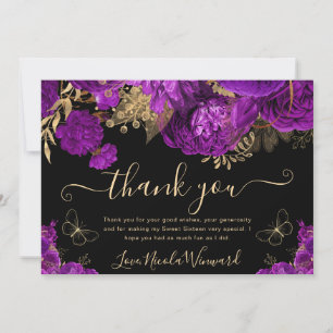 Aquarell lila und goldene Blumen Sweet 16 Dankeskarte