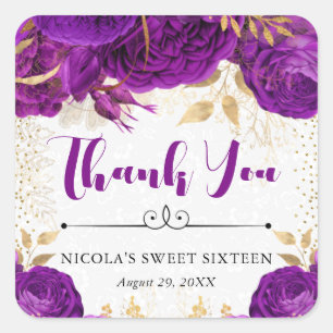 Aquarell lila und goldene Blumen Sweet 16 Quadratischer Aufkleber