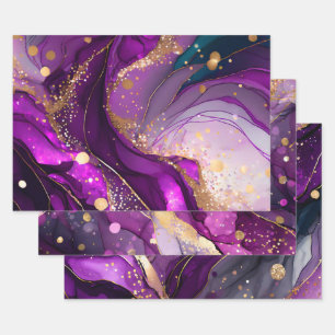 Aquarell lila und goldener Glitter Alkohol-Tinte Geschenkpapier Set