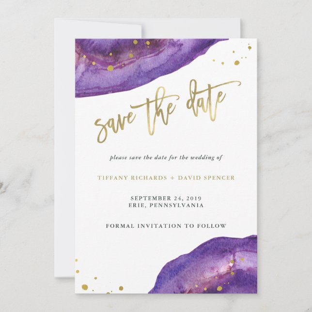 Aquarell Lila und Goldgeode Save the Date (Vorderseite)
