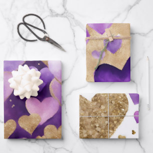 Aquarell-Lila- und Goldtinte Valentinstag-Herzen Geschenkpapier Set