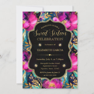 Aquarell-Lila- und Türkisblumen Sweet 16 Einladung