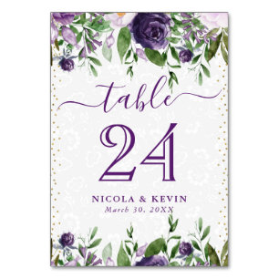 Aquarell-Lila- und weiße Blumen-Hochzeit Tischnummer