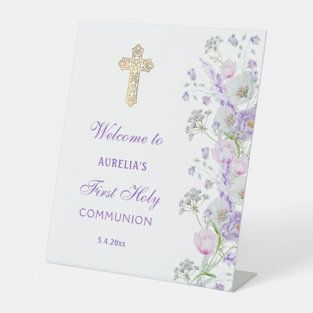 Aquarell Lilac Blume Erste Kommune Willkommen Sockelschild (Vorderseite)
