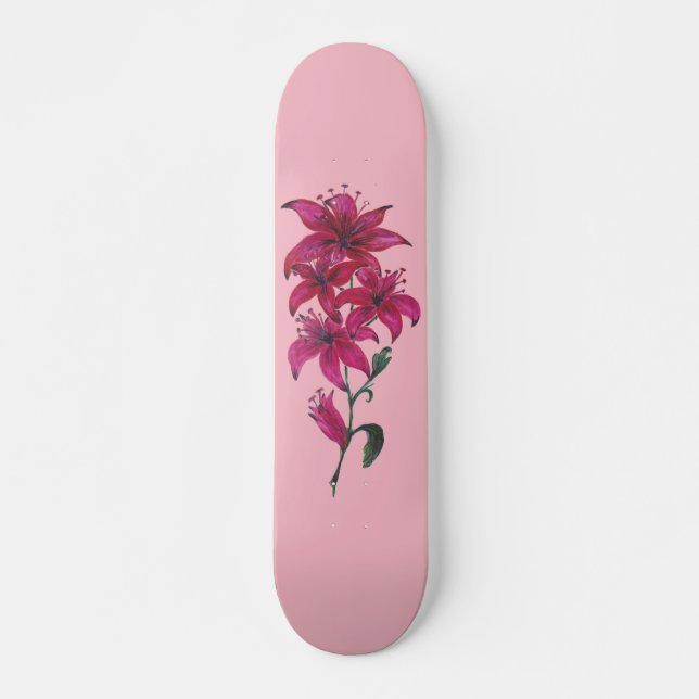 Aquarell Lilien Rosa Skateboard (Vorne)