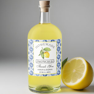 Aquarell-Limonen-Blau-Fliesen-Limoncello Alkoholflaschenetikett