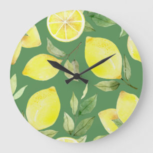 Aquarell-Limonen, Frucht-Tapetenmuster. Große Wanduhr