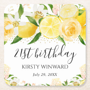 Aquarell-Limonen und Blumen Geburtstag Rechteckiger Pappuntersetzer