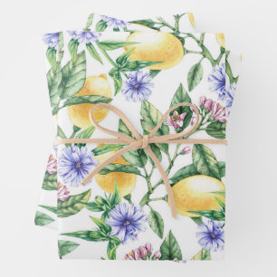 Aquarell-Limonen, Zitronenblüten und Kornblumen  Geschenkpapier Set