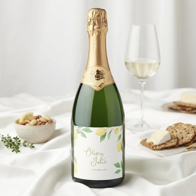 Aquarell-Limonen-Zitrus-Grün Hochzeit (Watercolor Lemon Citrus Green Wedding Sparkling Wine Label)