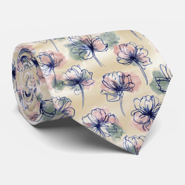 Aquarell-Linien-Blumenmuster Krawatte (Gerollt)