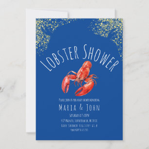 Aquarell Lobster Party Baby Dusche Blue Gold Einladung