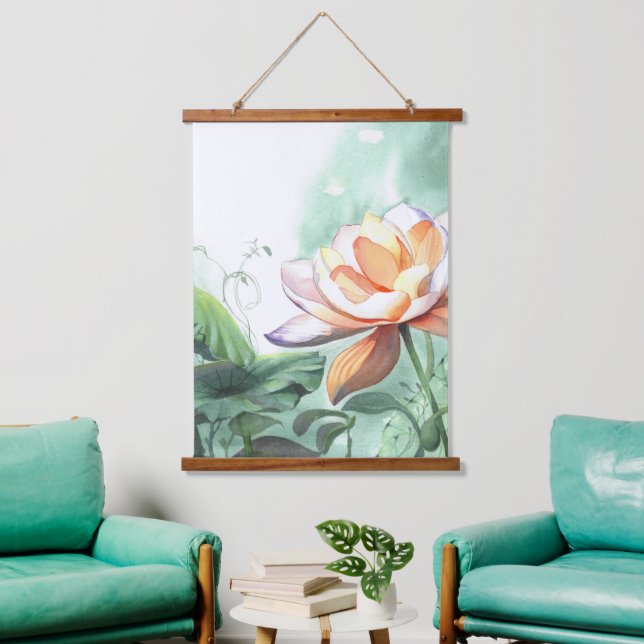 Aquarell-Lotus Wandteppich Mit Holzrahmen (Wohnzimmer)