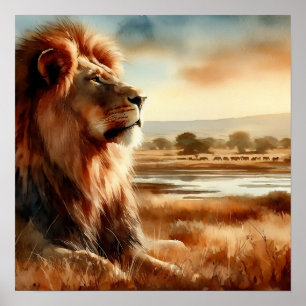 Aquarell-Löwe in der Savanne Poster