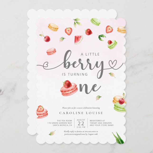 Aquarell Macarons Little Berry Baby Shower Invit Einladung (Vorne/Hinten)