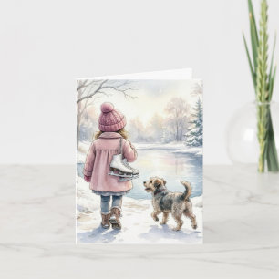 Aquarell-Mädchen mit Schlittschuhen und Hund Karte