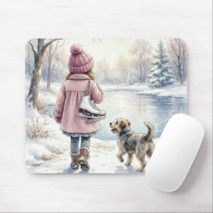 Aquarell-Mädchen mit Schlittschuhen und Hund Mousepad