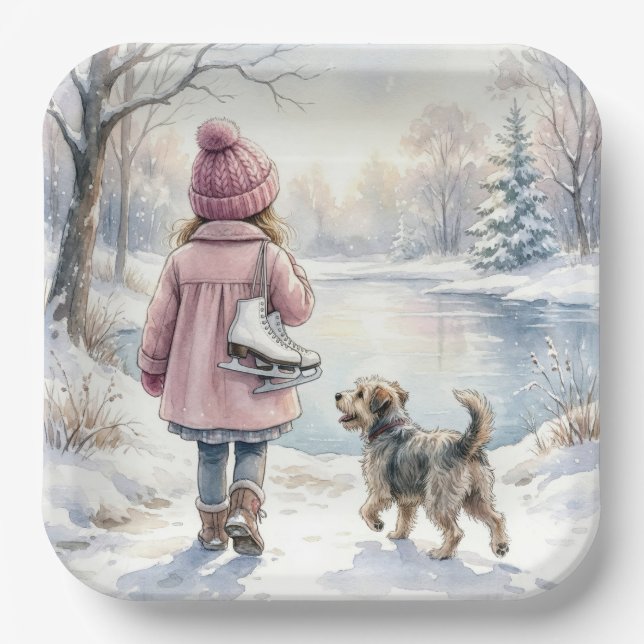 Aquarell-Mädchen mit Schlittschuhen und Hund Pappteller (Vorderseite)
