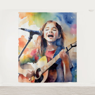 Aquarell-Mädchen singt und spielt Gitarre, Farbe Wandteppich