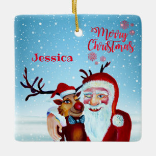 Aquarell Magischer Weihnachtsmann Lächelnder Rudol Keramikornament