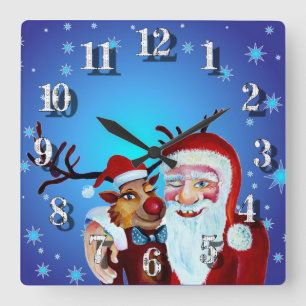 Aquarell Magischer Weihnachtsmann Lächelnder Rudol Quadratische Wanduhr