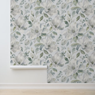 Aquarell-Magnolie-Blumenmuster in sanftem Grau Tapete