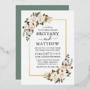 Aquarell-Magnolien-Rosen-Hochzeit-Sage-Grün-Gold Folieneinladung