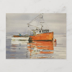 Aquarell Maine Fischerboot Ozean Orange Friedlich Postkarte