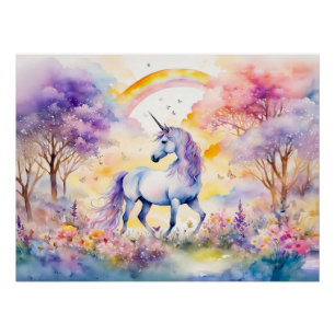 Aquarell Majestätisches Einhorn unter Kirschblüten Poster