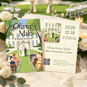 Aquarell Manor Hochzeit, flache Illustration Einladung