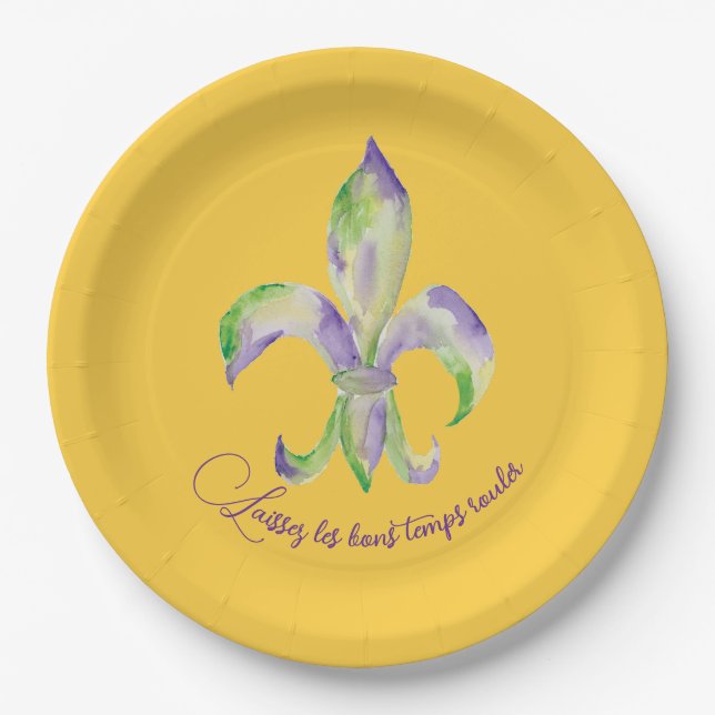 Aquarell-Mardi-Gras-Fleur-de-Lis Pappteller (Vorderseite)