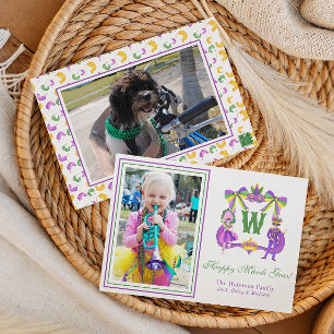 Aquarell Mardi Gras Monogramm Wappen Foto Feiertagskarte