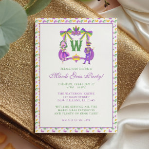 Aquarell-Mardi-Gras-Monogrammwappen-Party Einladung