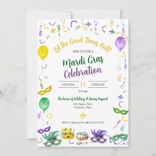 Aquarell Mardi Gras Objekte Party Einladung (Vorderseite)
