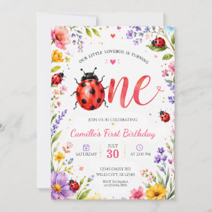 Aquarell-Marienkäfer-Wildblume-Erster Geburtstag Einladung
