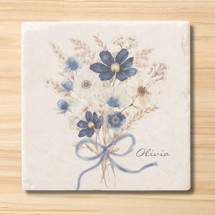 Aquarell Marineblaue Blumenstrauß-Personalisierung Steinuntersetzer