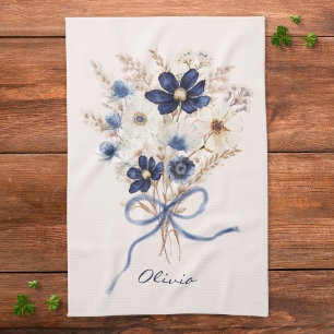Aquarell Marineblauer Blumenstrauß Personalisiert Geschirrtuch