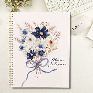 Aquarell Marineblauer Blumenstrauß Personalisiert Notizbuch