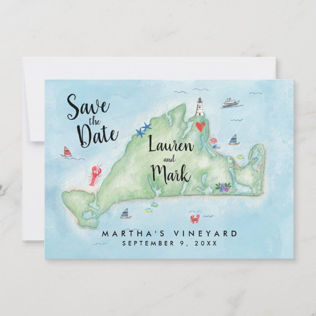 Aquarell Marthas Vineyard Karte Save-the-Date (Vorderseite)
