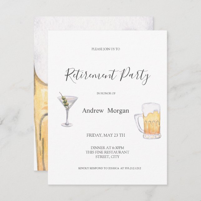 Aquarell Martini, Party für die Beer-Rente Einladung (Vorne/Hinten)