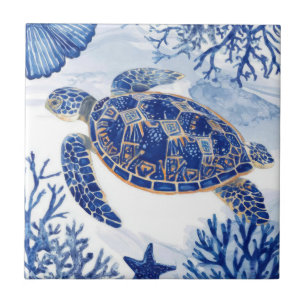 Aquarell Meeresschildkröte Ozeanblau Fliese