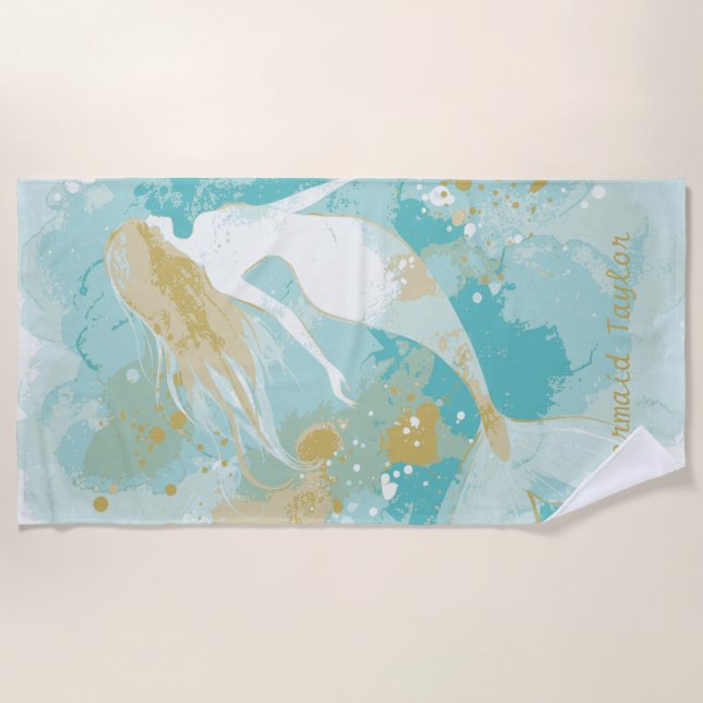 Aquarell Meerjungfrau Gold und Aqua Personalisiert Strandtuch (Vorderseite)