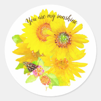 Aquarell Meine Sonnenblumen und Schmetterlinge Runder Aufkleber