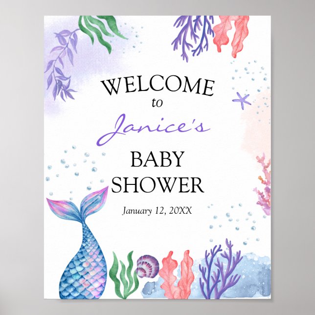 Aquarell Mermaid Baby Dusche Begrüßungszeichen Poster (Vorne)