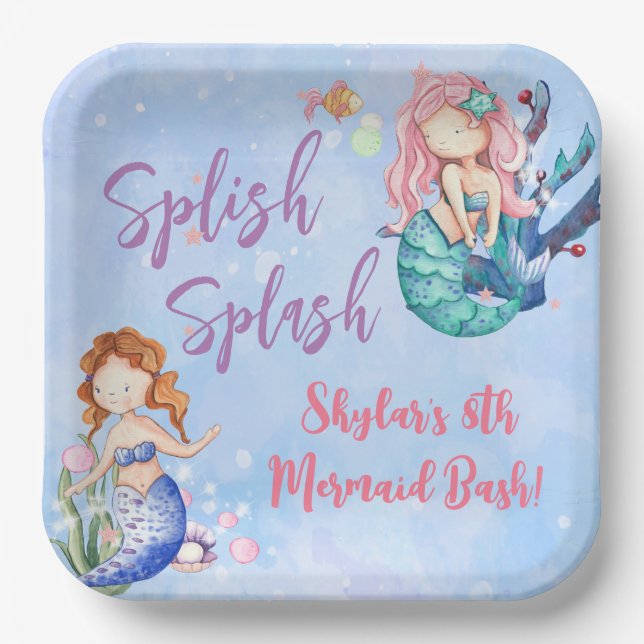 Aquarell Mermaid Bash Geburtstagspapier-Teller Pappteller (Vorderseite)